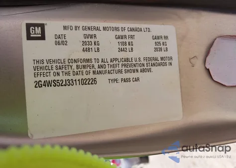 2003 Buick Century Custom z USA, uszkodzony, nr VIN 2G4WS52J331102226